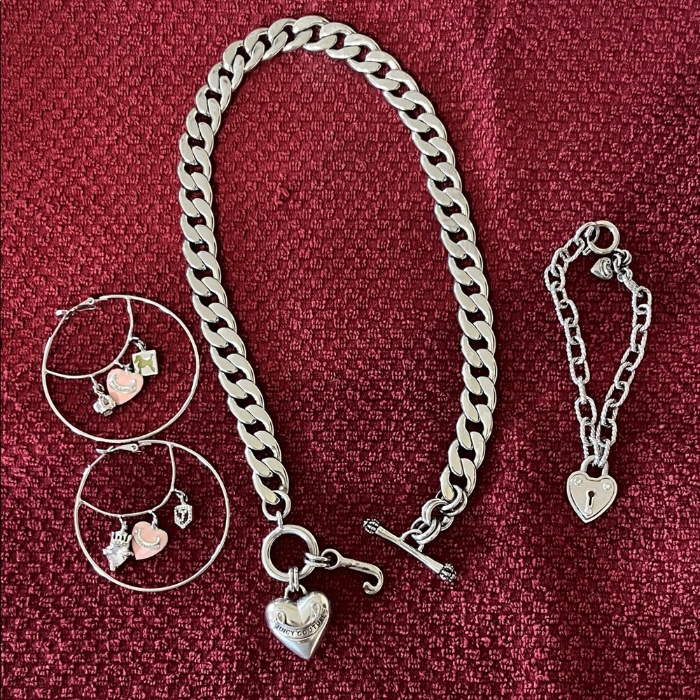 Juicy Couture Silver-Tone Heart Charm Jewelry Set with Pink Accents